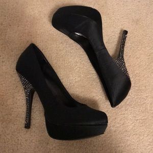 BAKERS Black Satin Rhinestone Heeled Heels
